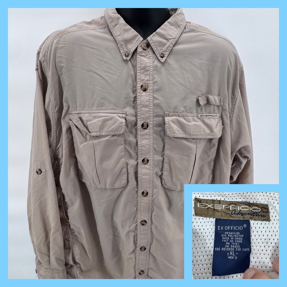 EXOFFICIO Adventure‎ Long Sleeve Button Up Shirt Men's XL Beige Nylon Polyester